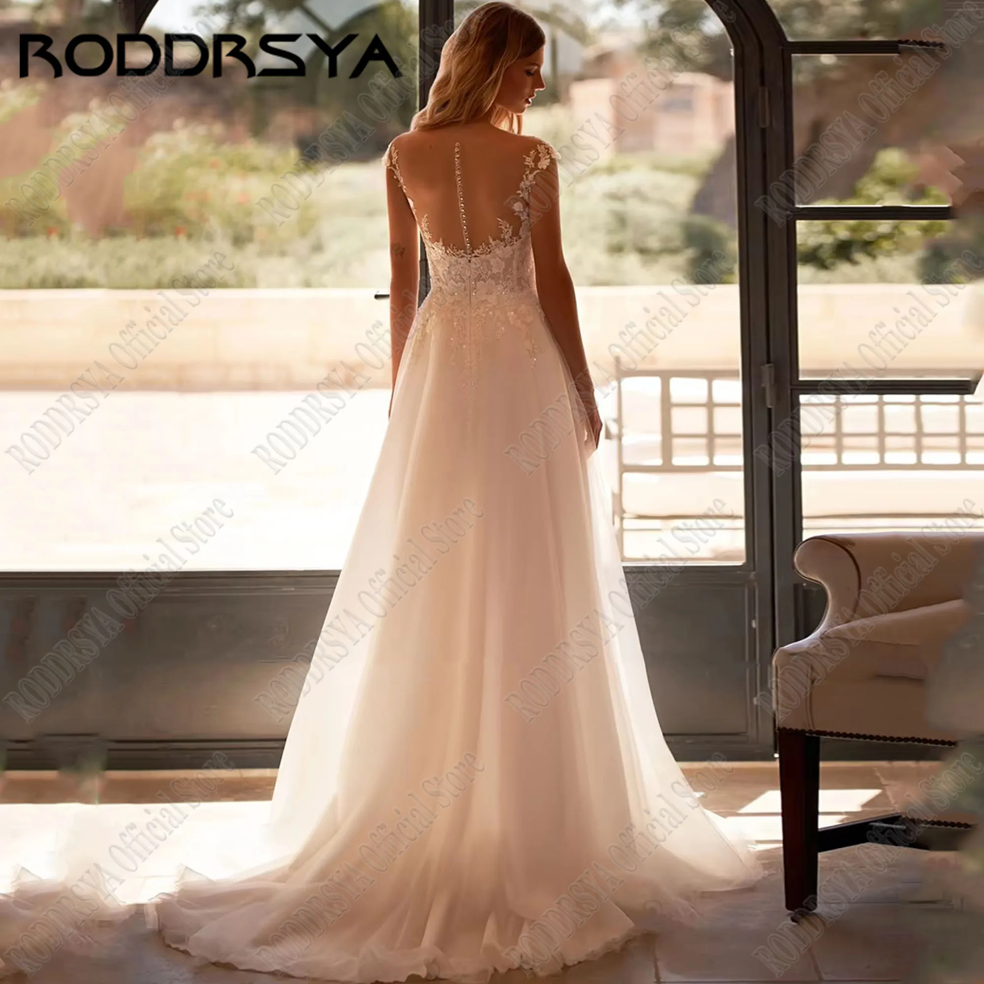 RODDRSYA بوهو فستان زفاف لقبعة العروس الترتر فساتين الزفاف انظر من خلال Vestidos De Novia بأكمام على شكل حرف A-line تول حسب الطلبفستان الزفاف البوهيمي مع غطاء الأكمام الترتر ثوب الزفاف سترة شفافة دي نوفيا 2024