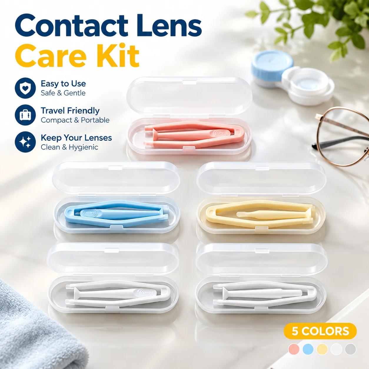 Soft Contact Lens Inserter Remover Kit with Tweezers Suction Stick Portable Travel Eye Care Set 5 Colors