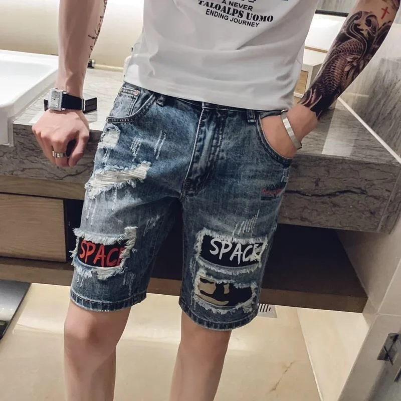 Male Denim Shorts Ripped with Text Men\'s Short Jeans Pants Multi Color Sale Retro Streetwear Stretch Jorts Vintage Xl Harajuku