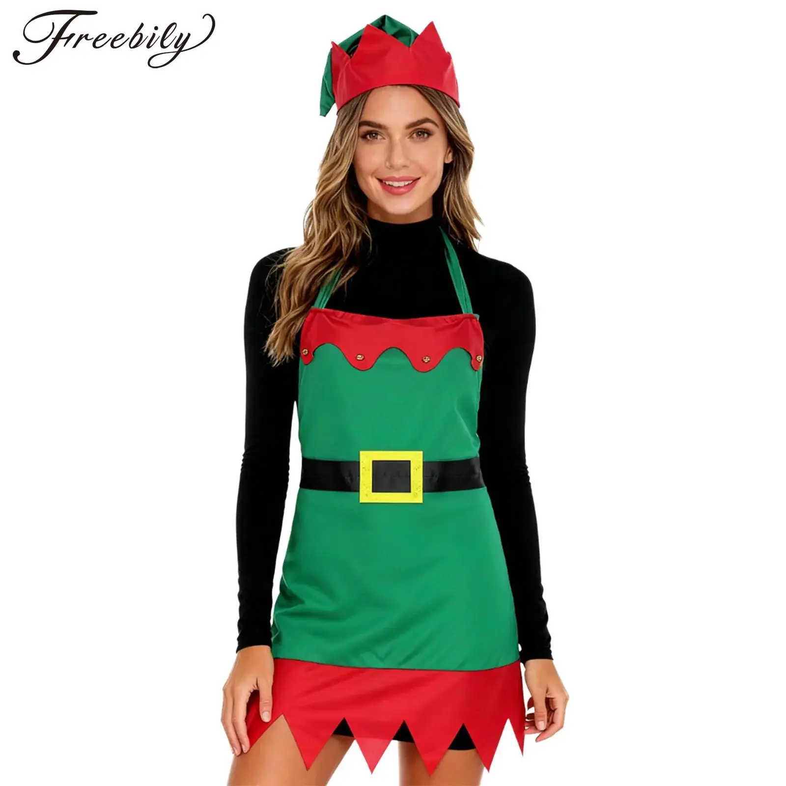 

Женский рождественский нетканый фартук с колокольчиками на шнуровке и шляпой эльфа, новогодний карнавал, рождественские эльфы, аксессуары для косплея Санта-Клауса