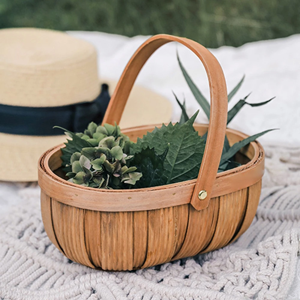 Natural Wicker Wooden Woven Storage Basket With Handle Picnic Basket Portable Snack Fruit Bread Vegetable Basket Flower Baskets