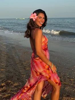 Chic Gedruckt Strap Ärmel Bodycon Frau Lange Kleid Sexy Backless Lace Up Maxi Kleider 2024 Neue Dame Strand Party Vestidos