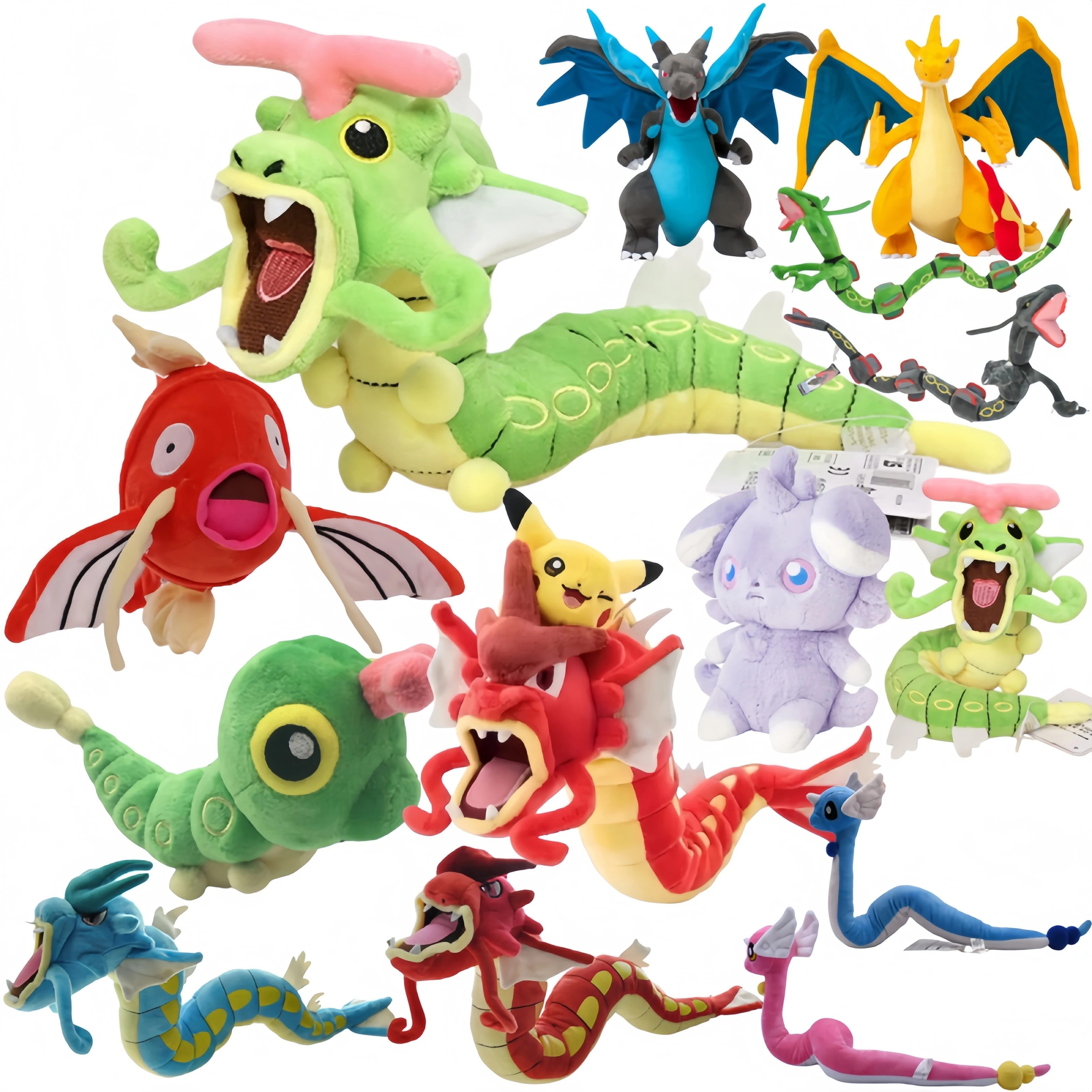 Pokémon Plüschtiere: Caterpie, Gyarados, Gengar, Pikachu auf Gyarados, Magikarp, Dragonair, Rayquaza, Aerodactyl Stoffpuppen