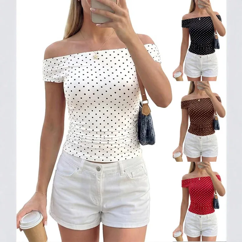 2026 Women Solid Color/Dot Print Summer Crop Tops Sexy Off Shoulder Short Sleeve Cropped Slim Fit Shirts for Daily Office Party