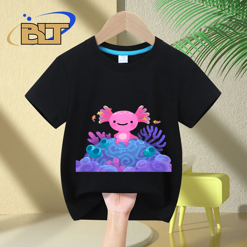 Coral axolotl printed kids T-shirt summer children's pure cotton short-sleeved casual tops boys and girls gifts