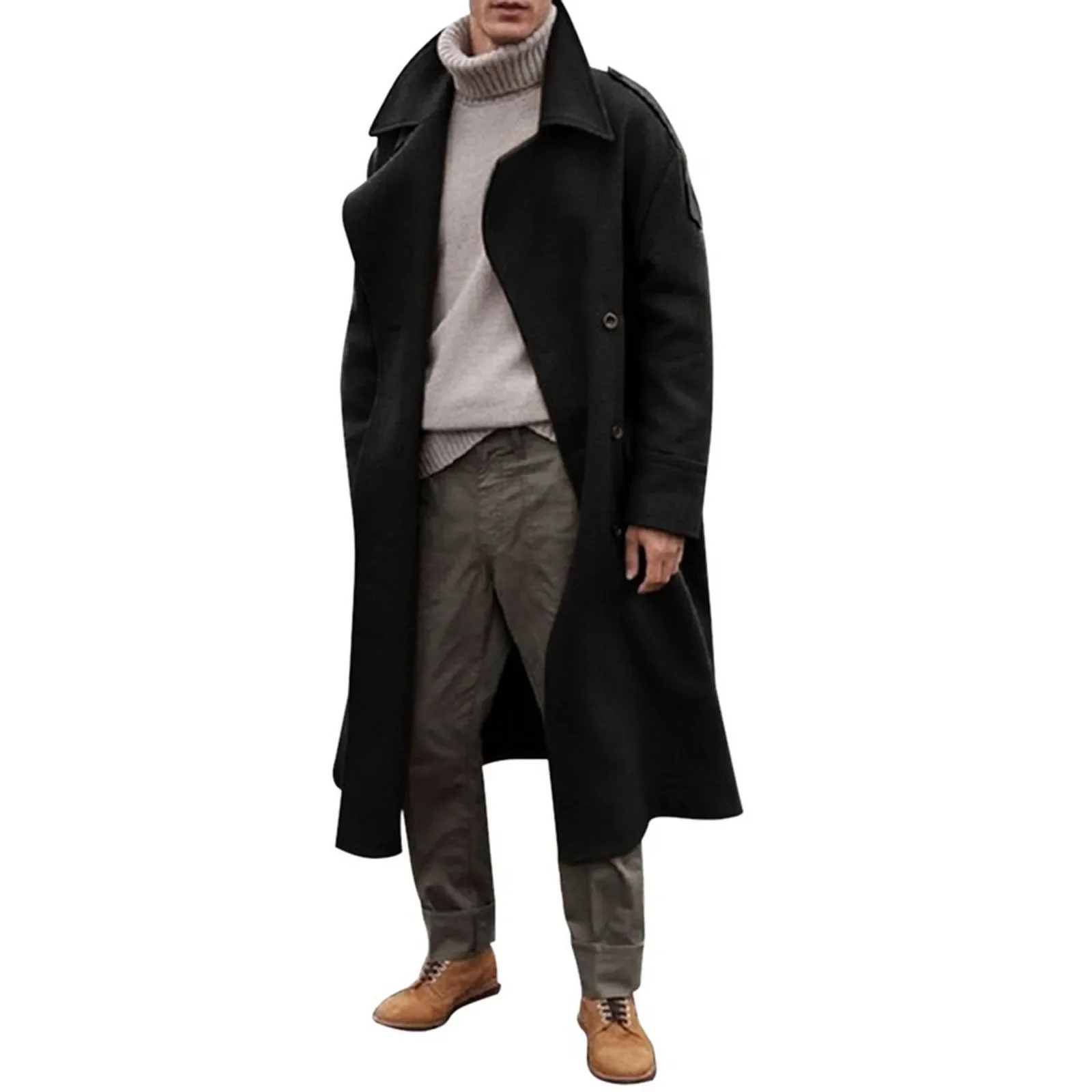 

Long Dust Coat Men Winter Fashion Trench Mens Solid Double Breasted Woolen Cloth Coat Loose Casual Trenchcoat Outwear