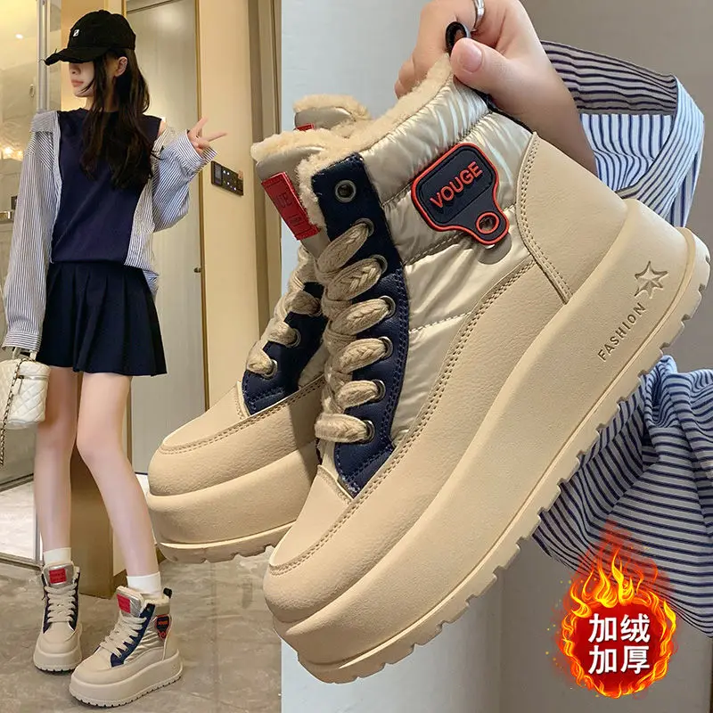 

2024 New Winter Thick Sole Increase Comfortable Non-slip Plus Cashmere Warm High Top Daddy Shoes Snow Boots Women