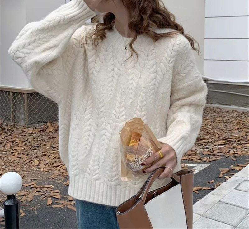 

Simple Style in Autumn and Winter New Solid Color Fried Dough Twists Pullover Sweater Women's Loose Knit Round Neck Top