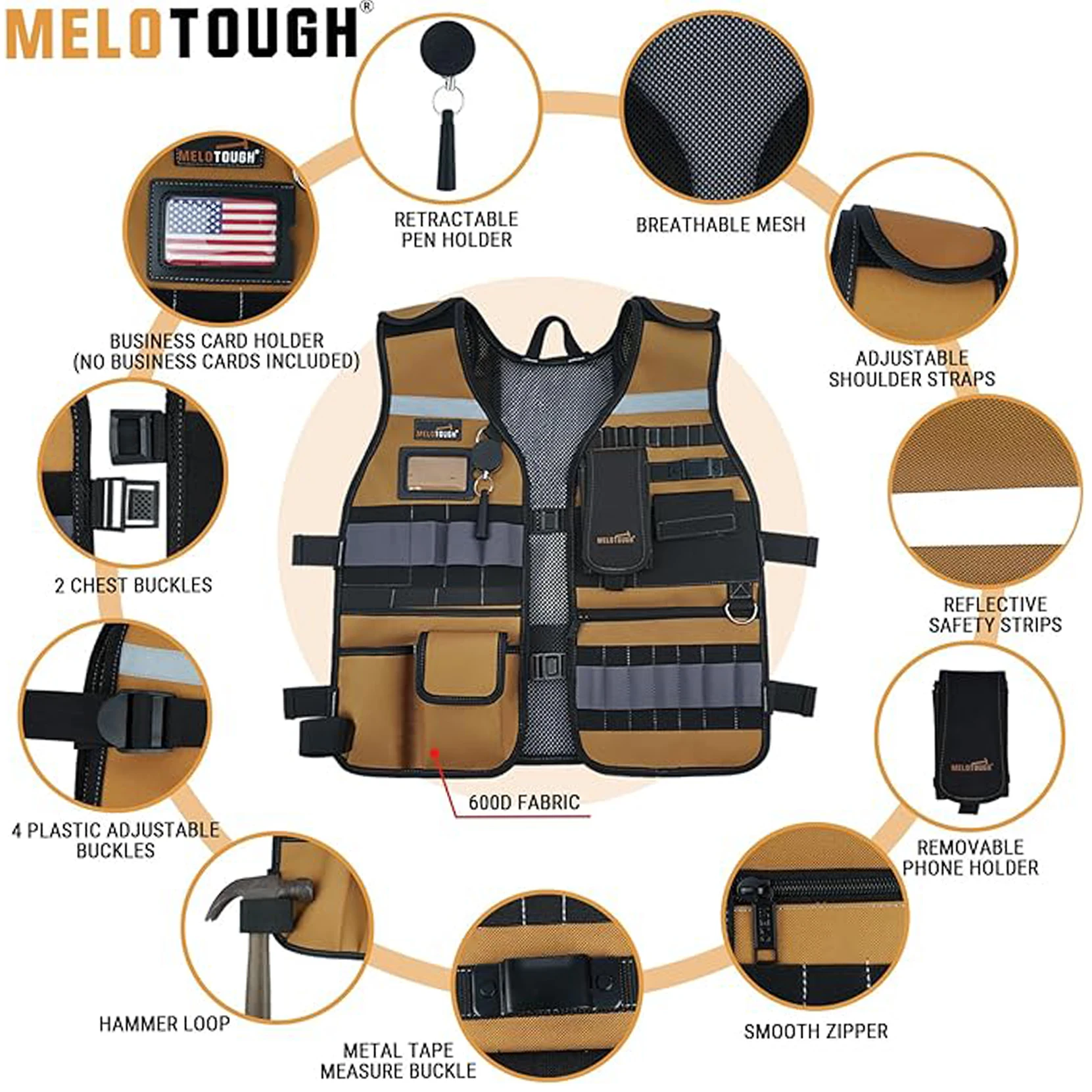 Tool Vest Safety Work Vest with Adjustable Straps,Removable Phone Holder for Electrician,Construction,Carpenters