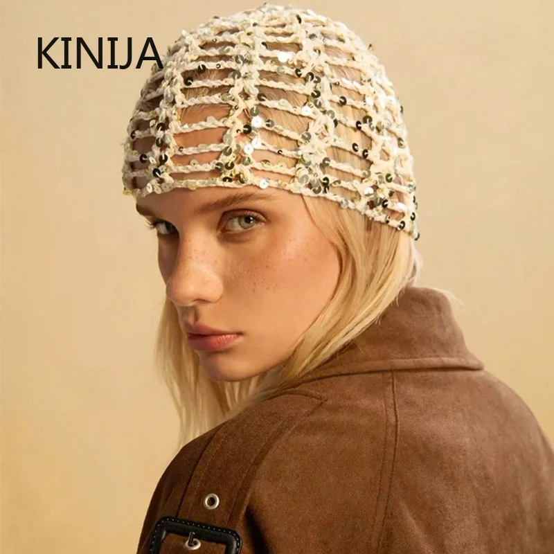 Fashion Vintage Sequined Hollow Pullover Hats Women Spring Summer Travel Photo Atmosphere Versatile Y2K Knit Beanie Hat Girl
