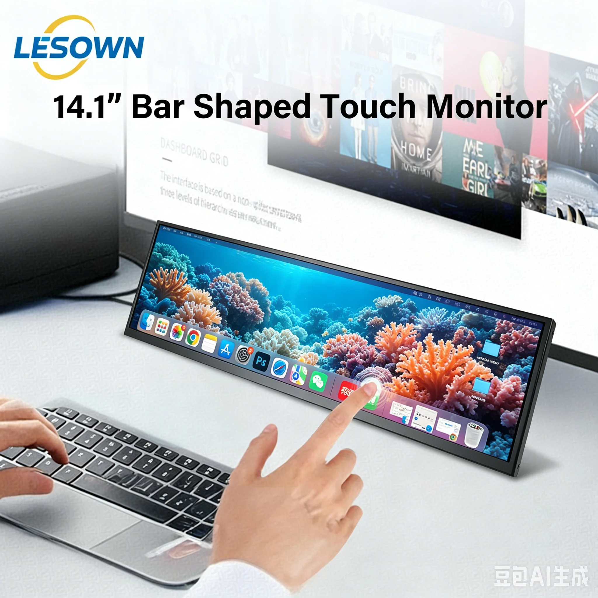 LESOWN 14 inch IPS 1920x515 Long Wide Display Touch HDMI USB-C Monitor for Laptop Computer PC Speed Temp Windows Aida64 CPU GPU