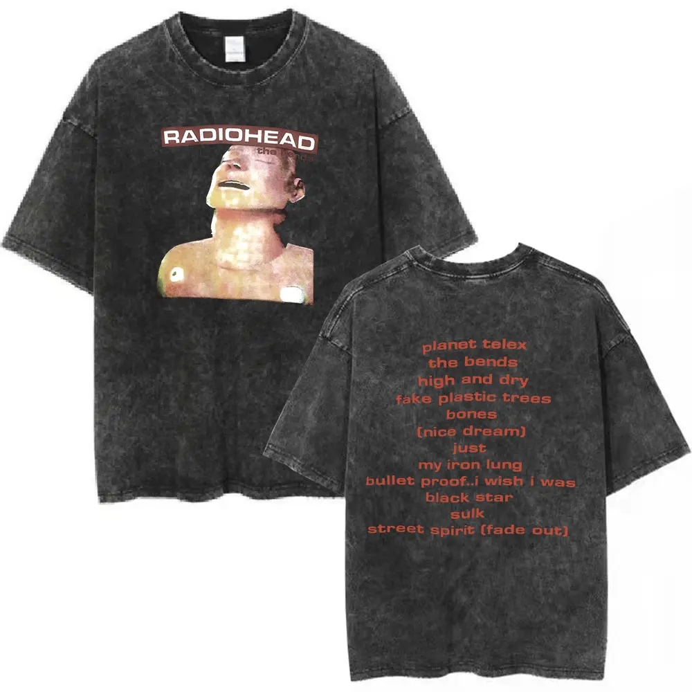 Rock Band Radiohead The Bends Vintage Washed T-shirt Men Women Fashion Hip Hop T Shirts 100% Cotton Casual T-shirts Streetwear