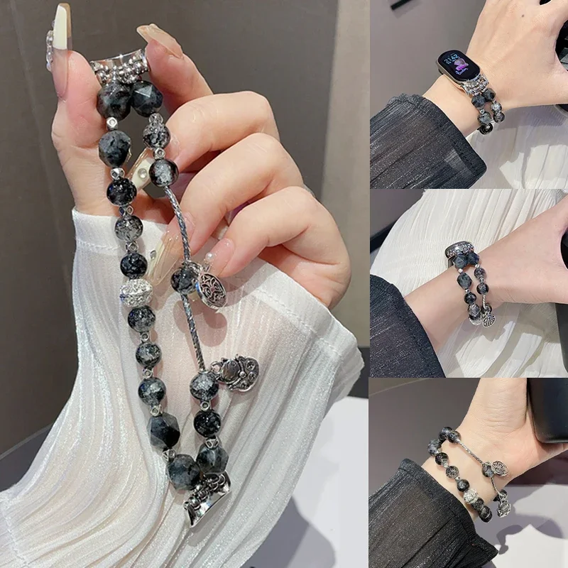 

New Chinese Style Metal Chain Strap for Xiaomi Mi Band 9 8 7 Pro 6 5 Black Agate Beads Bracelet for Redmi Watch 4 3 Elastic Belt