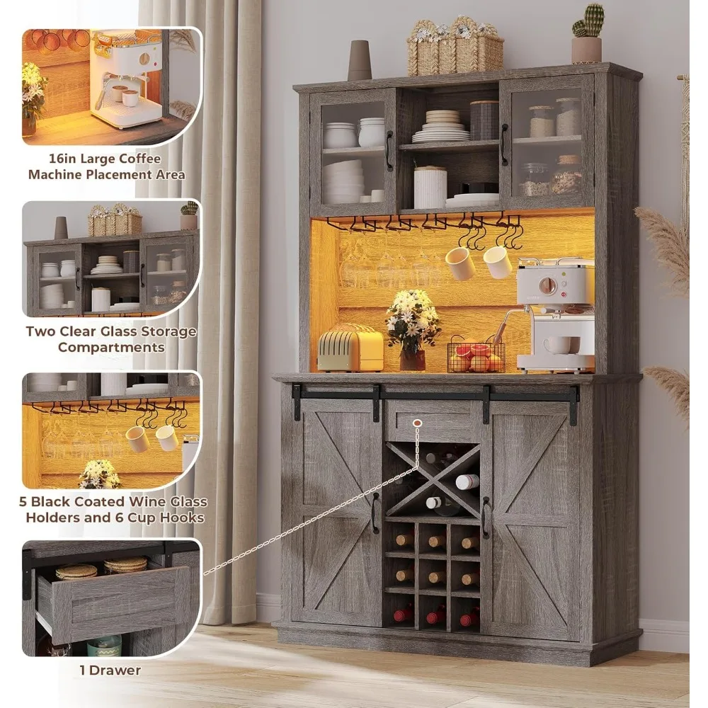 Armadio da Bar per fattoria con contenitore, armadio da Bar da cucina con porta scorrevole per fienile, luci a Led, armadietto per Bar con ciabatta