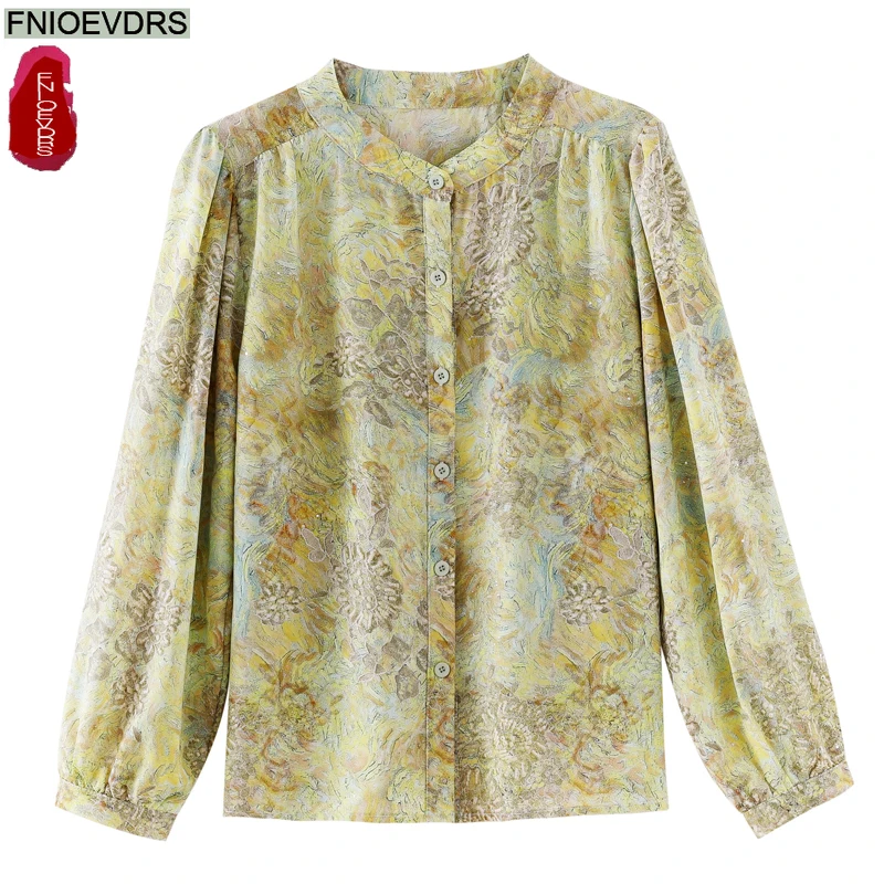 Bling Retro Vintage Stehkragen Tops Blusen Neujahr 2026 Frühling Frau Blumendruck Elegante Pendler Lady Button Basics Shirts