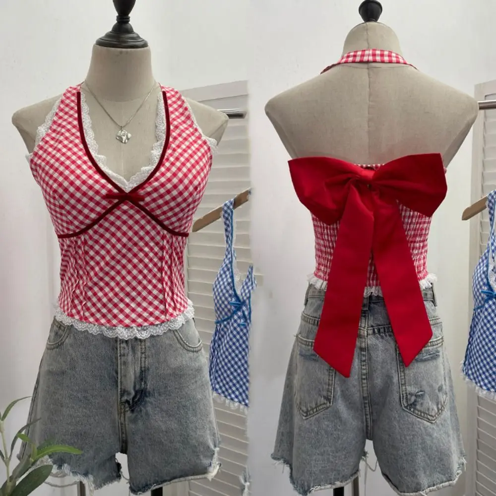 

Stripe Grid Bowknot Sleeveless Crop Top V Neck Slim Fit Lace Vest Top Girl Korean Style Bottoming Shirt Hanging Neck Camisole