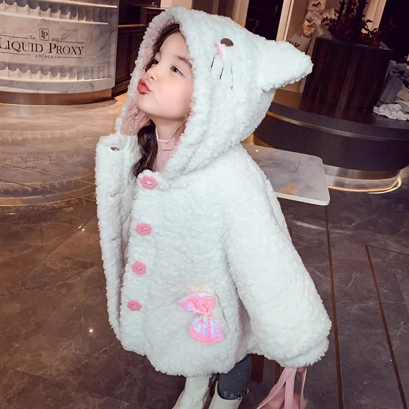 2024 New Hello Kitty Girls Cotton Cute Thermal Coat Winter Dress Girls Casual Hooded Cropped Jacket White Plush Top Gift