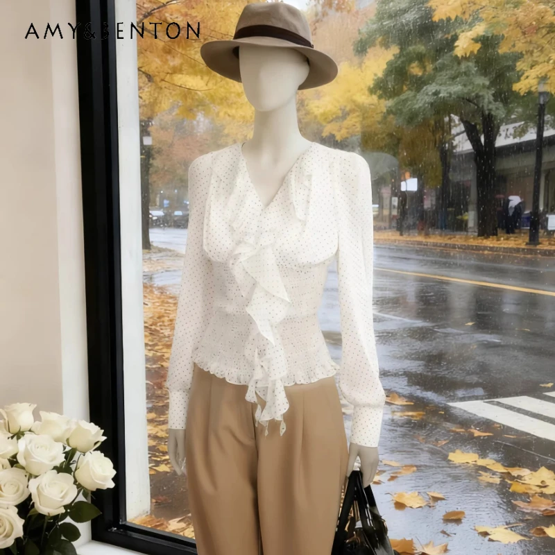 

French Design Women's Blouses 2026 Spring Summer New V-neck Streamer Ruffle Edge Temperament Thin Long-sleeved Shirts Ladies