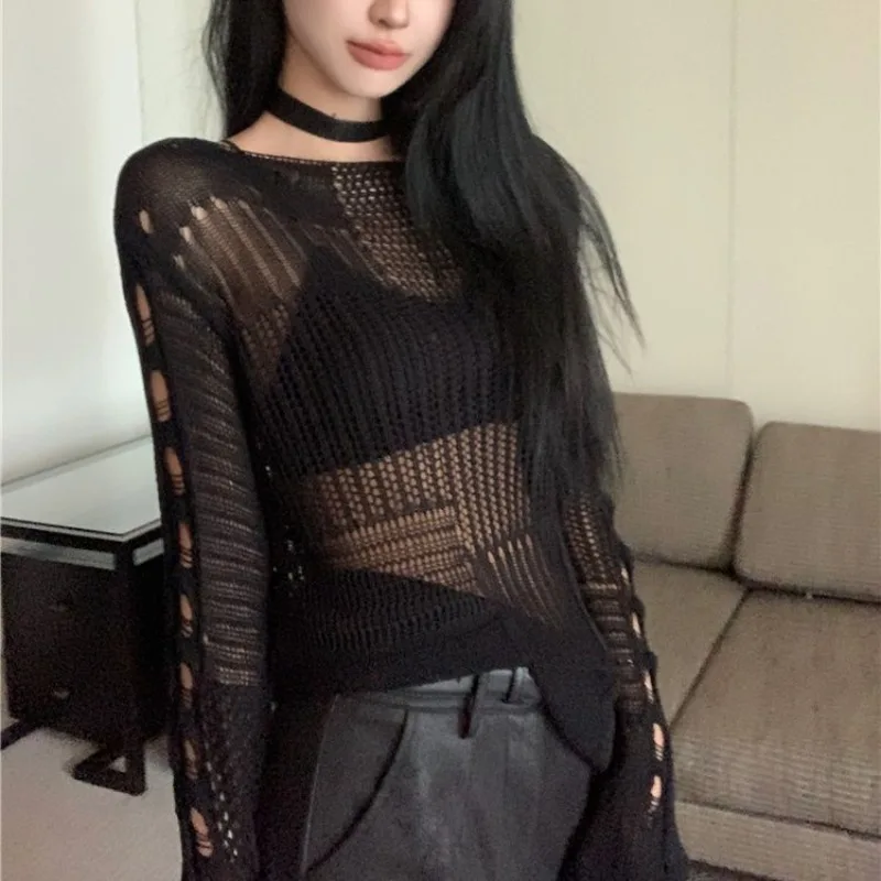 

Spring Hot Girl Style Tailored Cut Pullover with A Hollow Out and Perforated Knit Design Women's Slimming Top Female Clothing