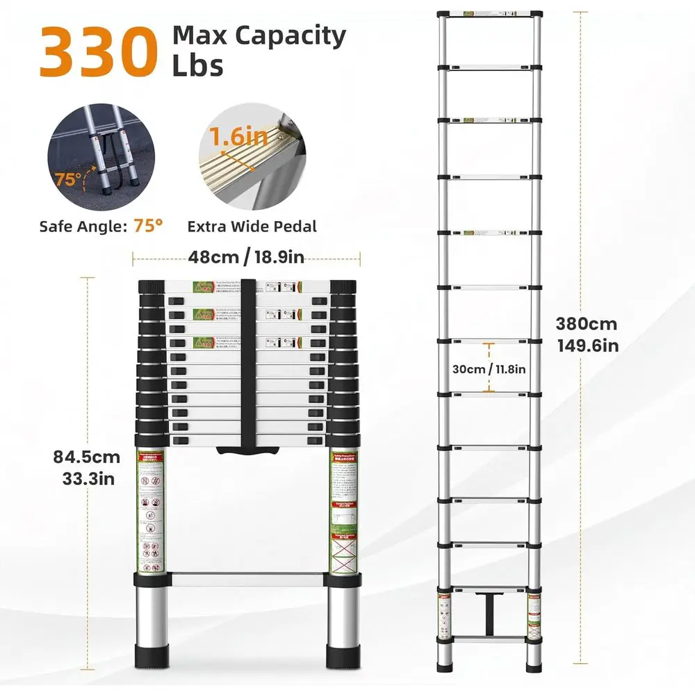 12.5ft Telescoping Extension Ladder - Dual Lock, 330lbs Capacity, Foldable for Home, RV, and Outdoor Use