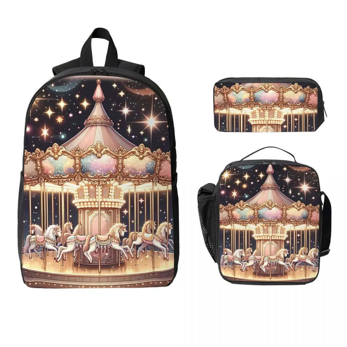 Artistic Details Of A Carousel Backpack Boys Girls BookBag School Bag Laptop Shoulder Bags 3ps Insulated Lunch Bag Pencil Case