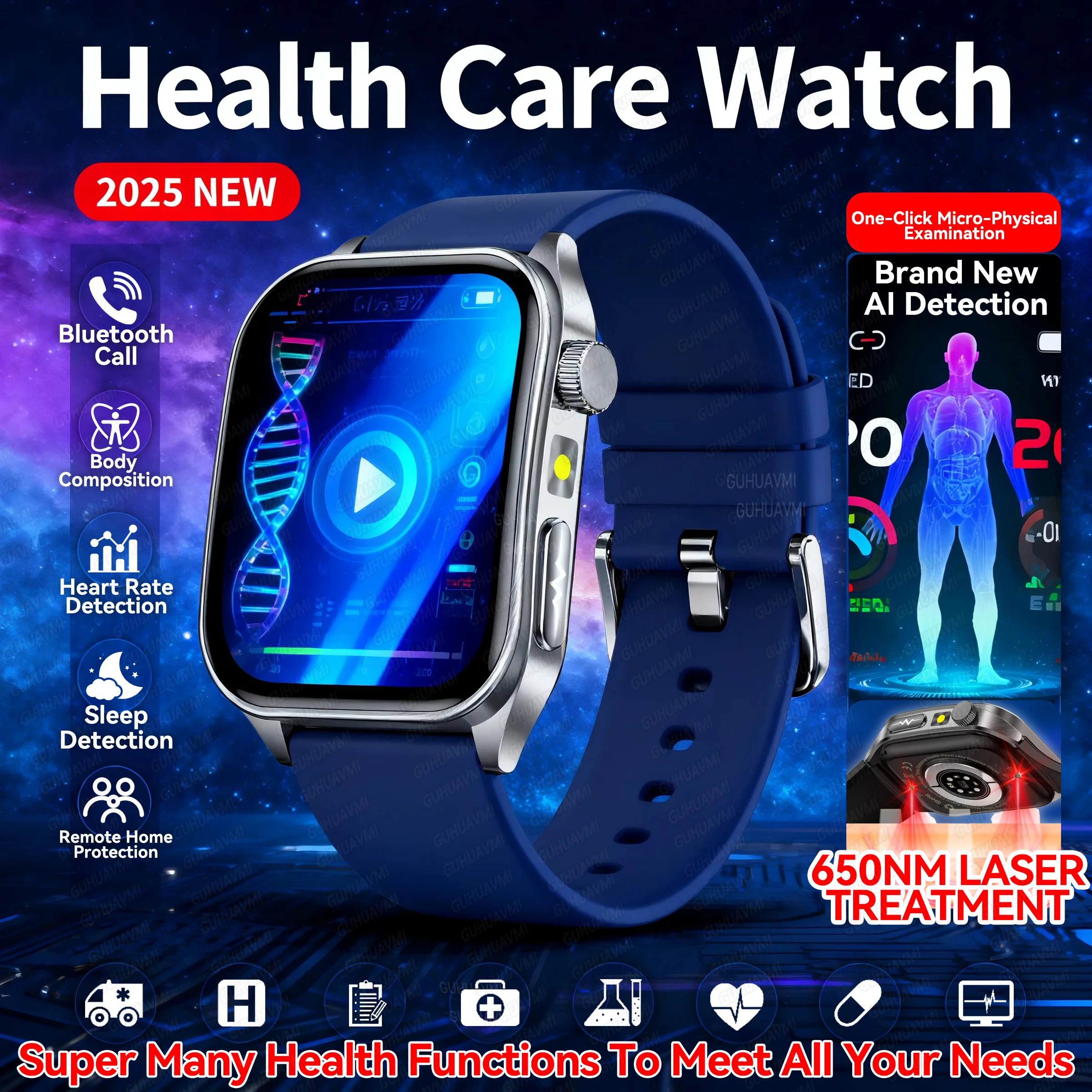 

2025 New Laser Therapy ECG+PPG Smartwatch Men Women Sapphire Glass Screen Heart Rate Blood Lipid Uric Acid Health Smart Bracelet