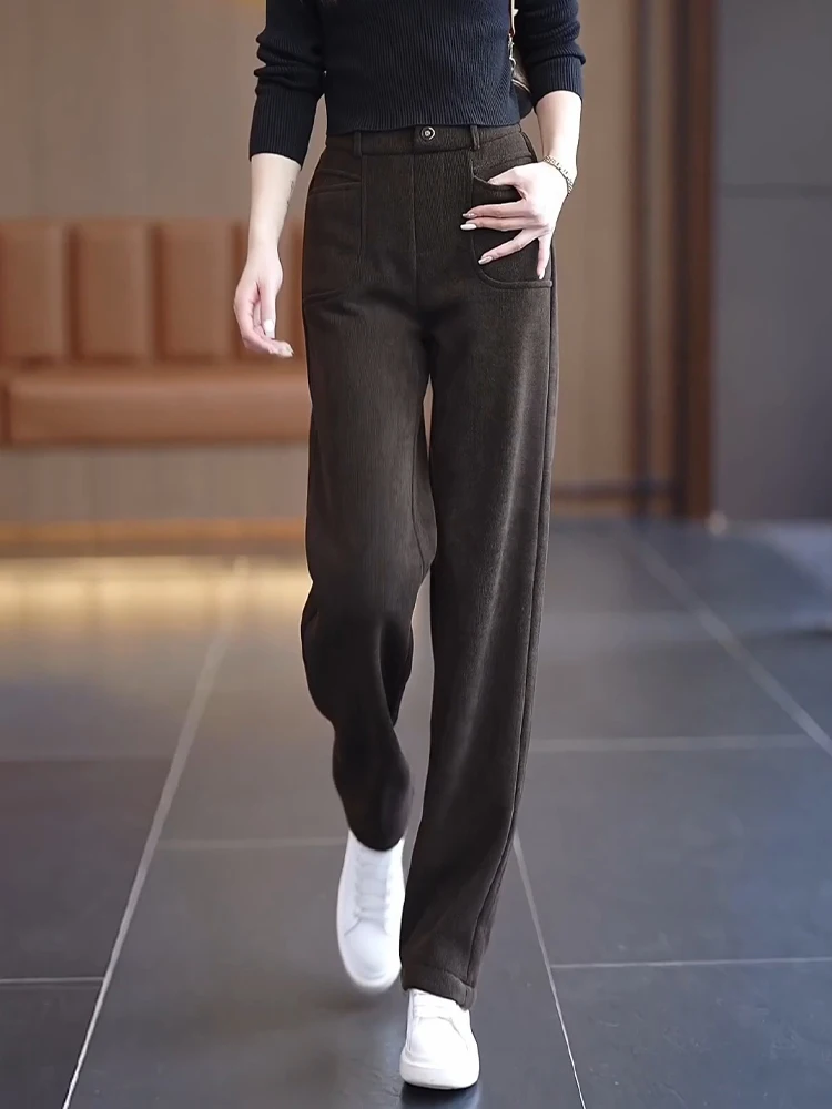 

Women's Fleece Lined Wide Leg Pants Autumn Winter High Waist Corduroy Slim Straight Cut Trousers Casual Comfortable Fit