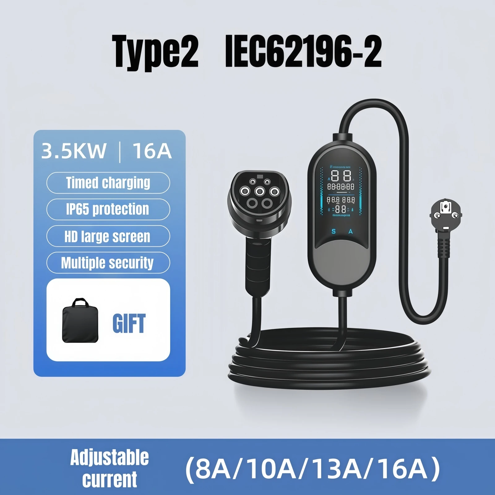 Type2 EV Portable Charger 3.5KW 16A Portable EV Charger 25ft Charging Cable IEC62196-2 with Screen for Electric Car Charging