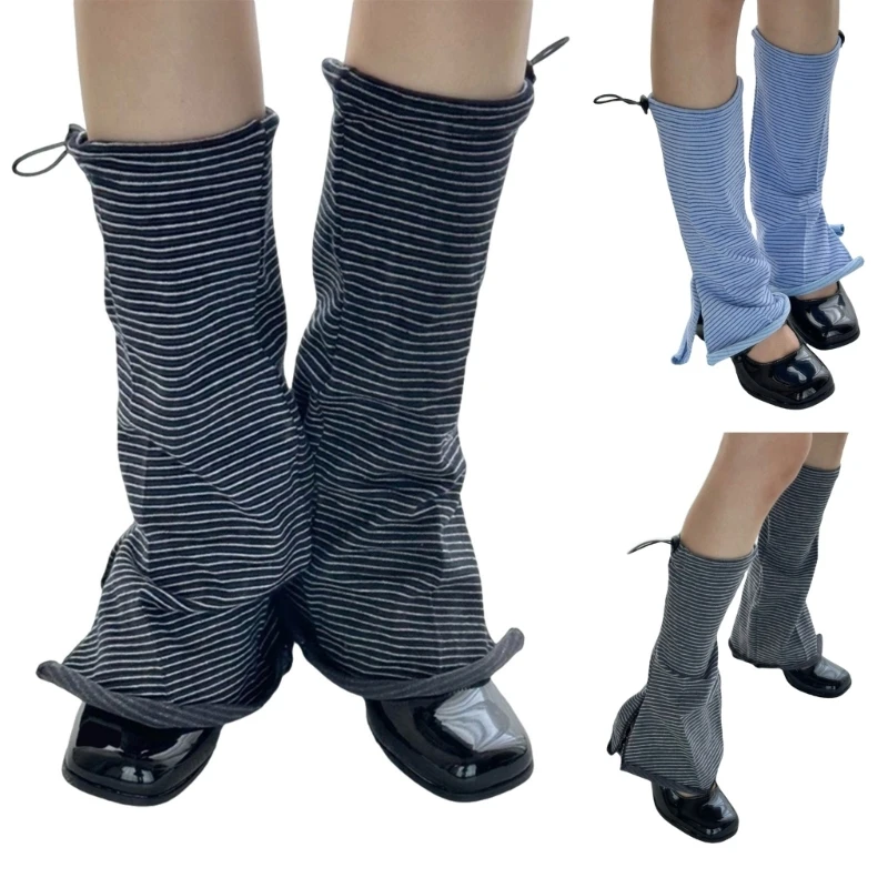 Women Foot Cover Gaiters Drawstring Leg Warmer Striped Split Flared Long Socks