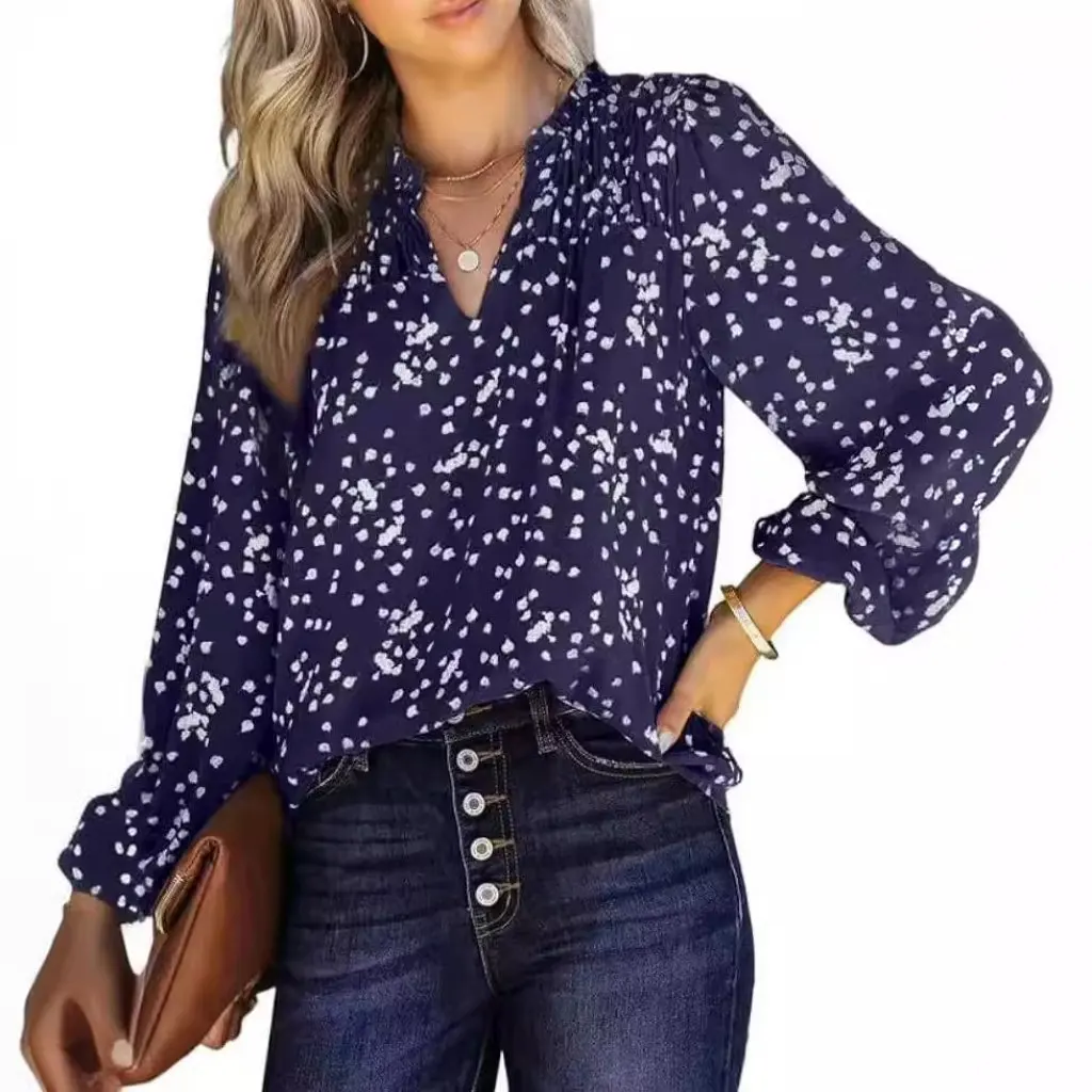 

Женская плиссированная рубашка Independent Station с v-образным вырезом и длинными рукавами в горошек, летняя рабочая одежда, новый топ