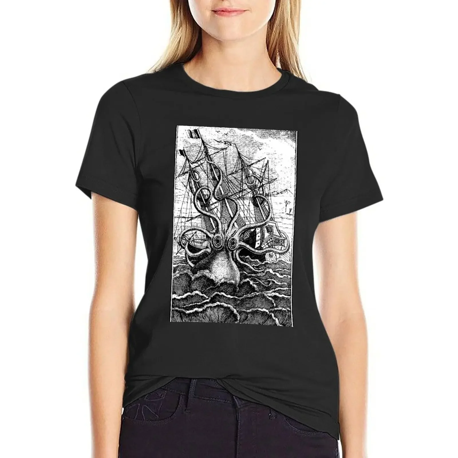 

Vintage Kraken attacking ship illustration with white background T-Shirt animal prinfor vintage plain t shirts for Women