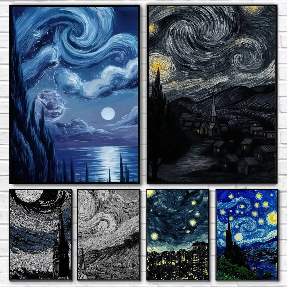

Starry Night Inspired Art Poster Self-adhesive Art Waterproof Paper Sticker Coffee House Bar Room Wall Decor