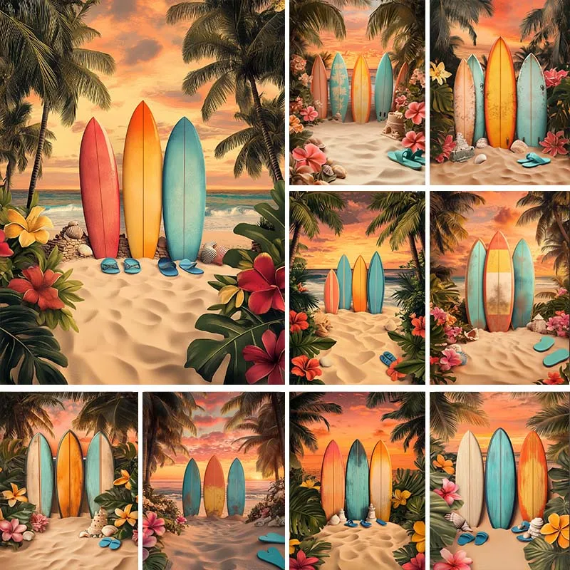 

LS Summer Surfboard Backdrop Photography Sea Sand Beach Tropical Hawaiian Aloha Party Kids Birthday Cake Smash Photo Background