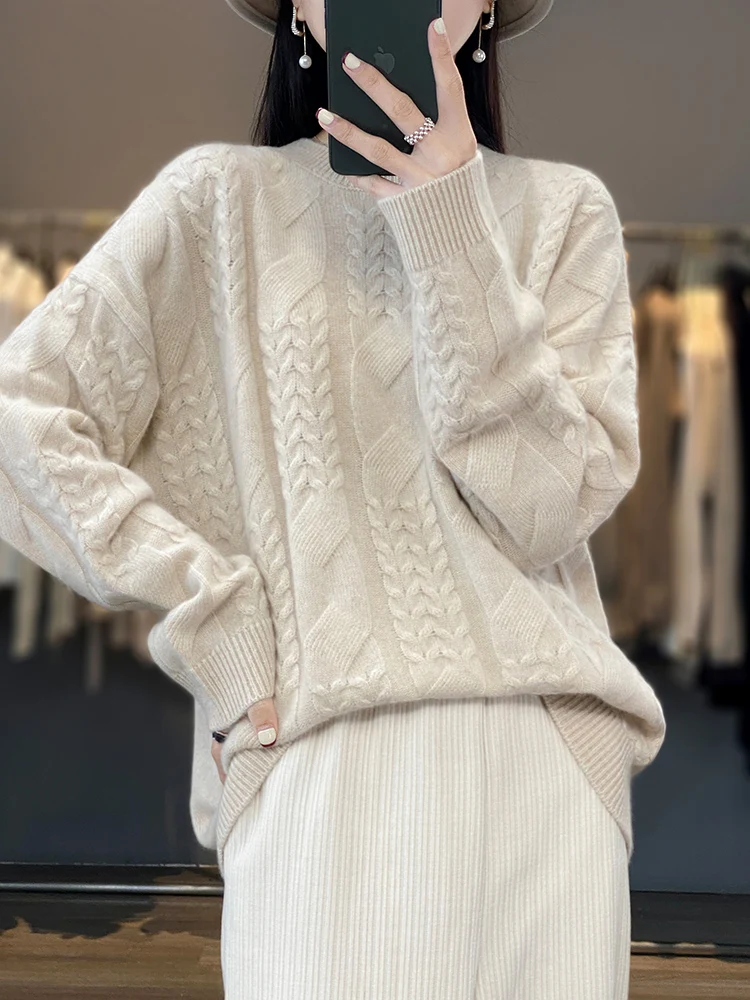 Thick Large size 100% Merino Wool Women's Sweater New Arrival O-Neck Pullover Knitted Twisted Jumper Lady Clothes Fashion Trends