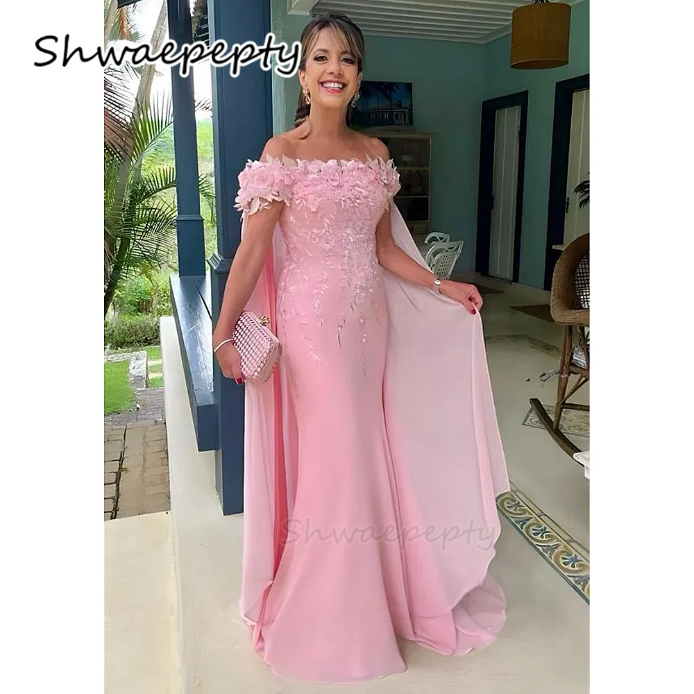 3D Floral Appliques Pink Elegant Mother Of The Bride Dresses With Wrap Bateau Neck Long Wedding Party Gowns For Women Customized