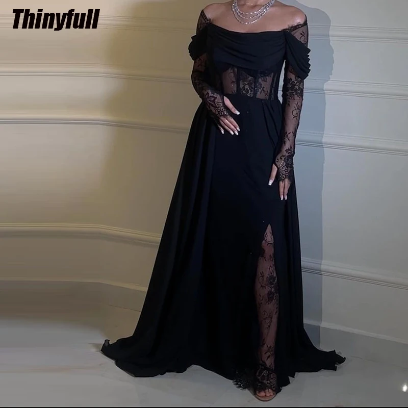 Thinyfull Prom Dresses Strapless Long Sleeves Evening Party Gown Chiffon Lace 2024 Split Long Formal Occasion Dress