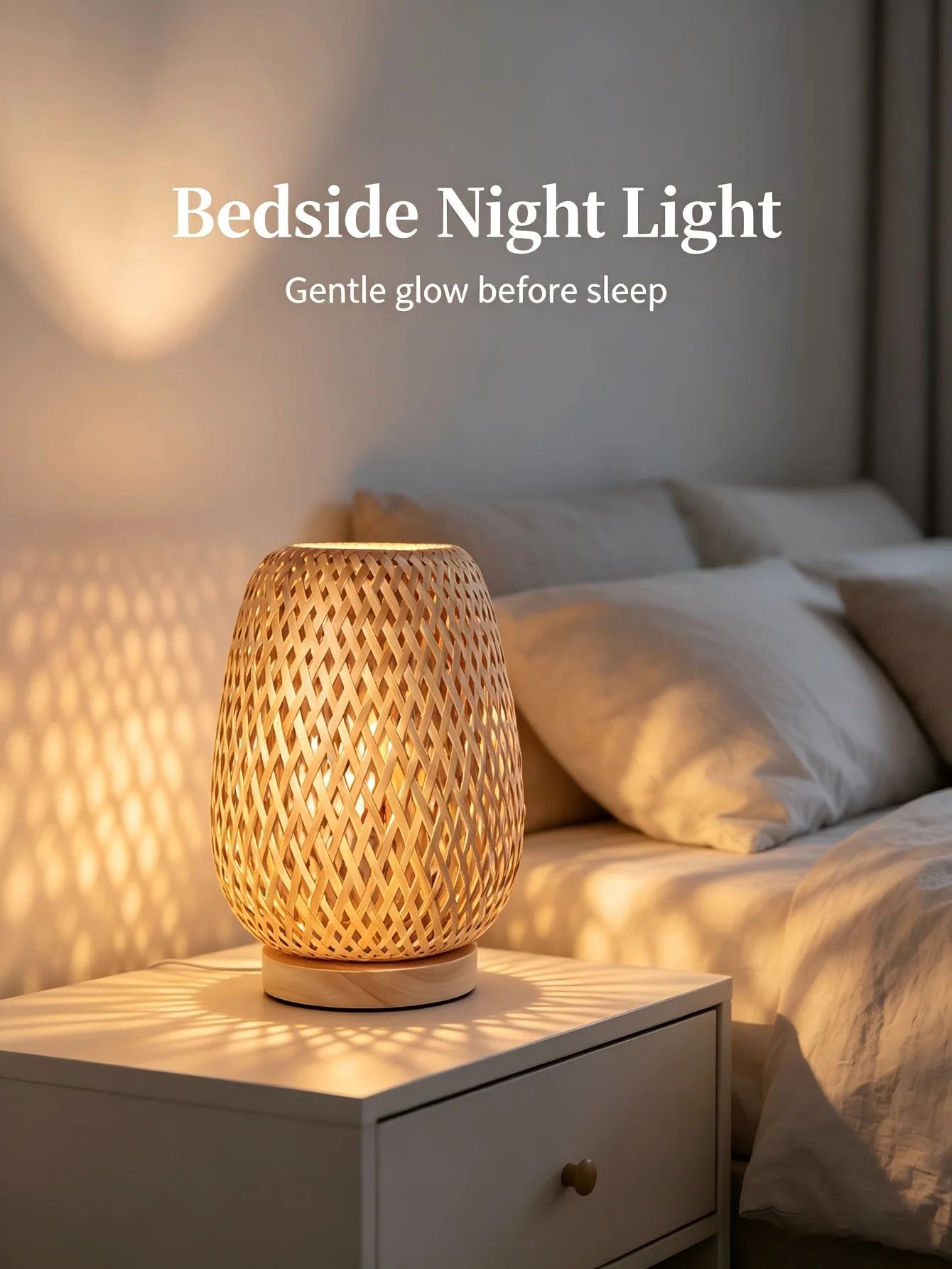 Hand-Woven Rattan Table Lamp with Hollow Shade Wooden Base Plug-Powered Warm Night Light Wabi-Sabi Decorative Lamp with Free Con