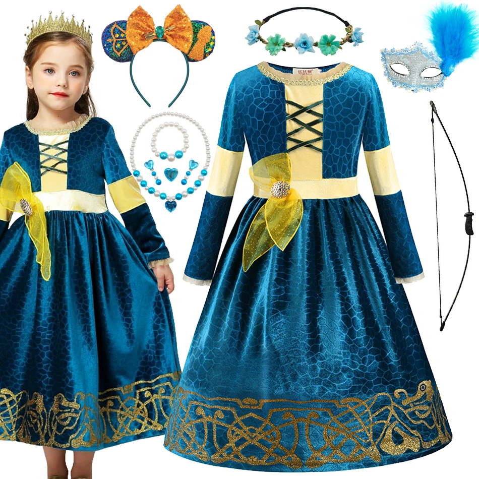 Filme infantil Admirável Mérida Princesa Vestido longo, Disfarce Conjunto de roupas de Halloween, meninas Festa Carnaval Cosplay Traje