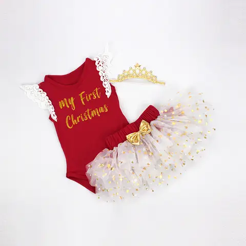 Merry Xmas 3 Pieces Suit Newborn Baby Wear Ruffle Sleeveless Romper Tutu Skirt My First Christmas Print Intants New Year Costume