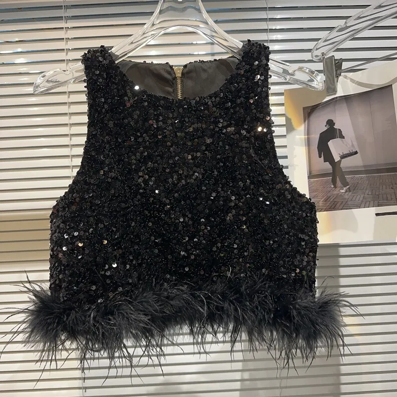 Women Sequin Sleeveless Crop Tops Feather Hem Back Zipper Slimming Tank Vest Elegant Fashion Party Sparkly Female Sling Vest