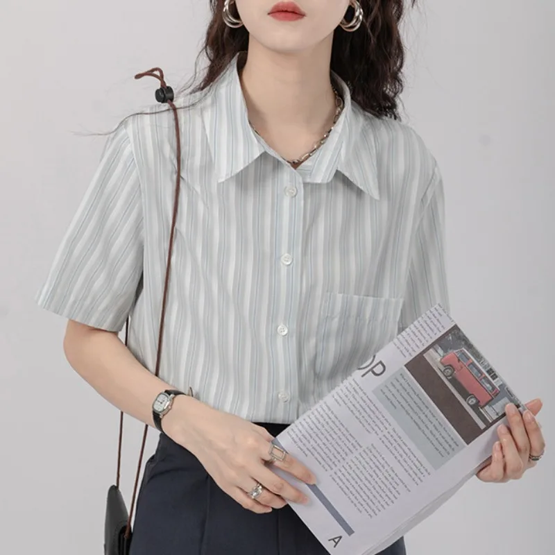 XEJ Striped Shirt Short Sleeve Chiffon Blouse Oversized Shirt Korean Style Vintage Clothing Women\'s Summer Tops 2024 Tunic