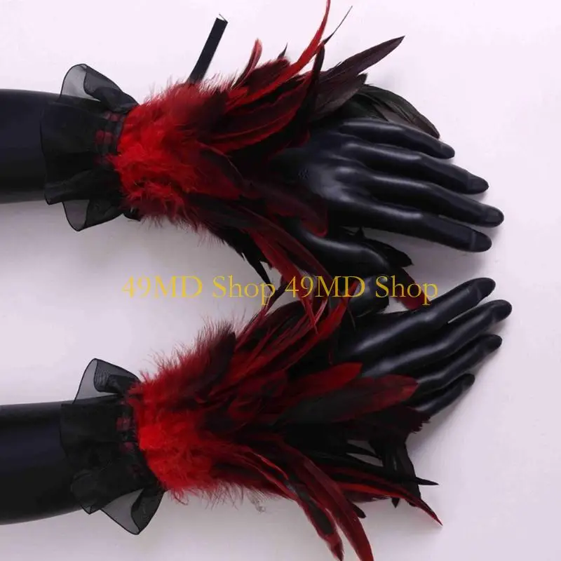 

49MD Feathered Arm Sleeves Ethnic Hand Cuffs Masquerades Wristband Costume Accessory