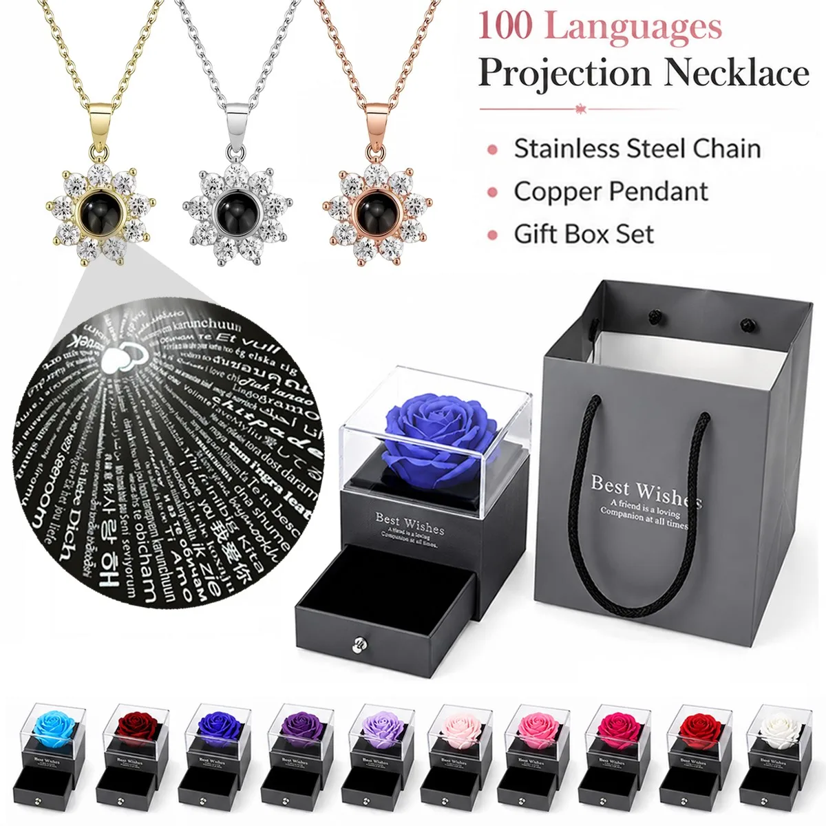 100 Languages Projection Sunflower Pendant Necklaces For Women With Rose Gift Box Christmas Valentine Birthday Jewelry