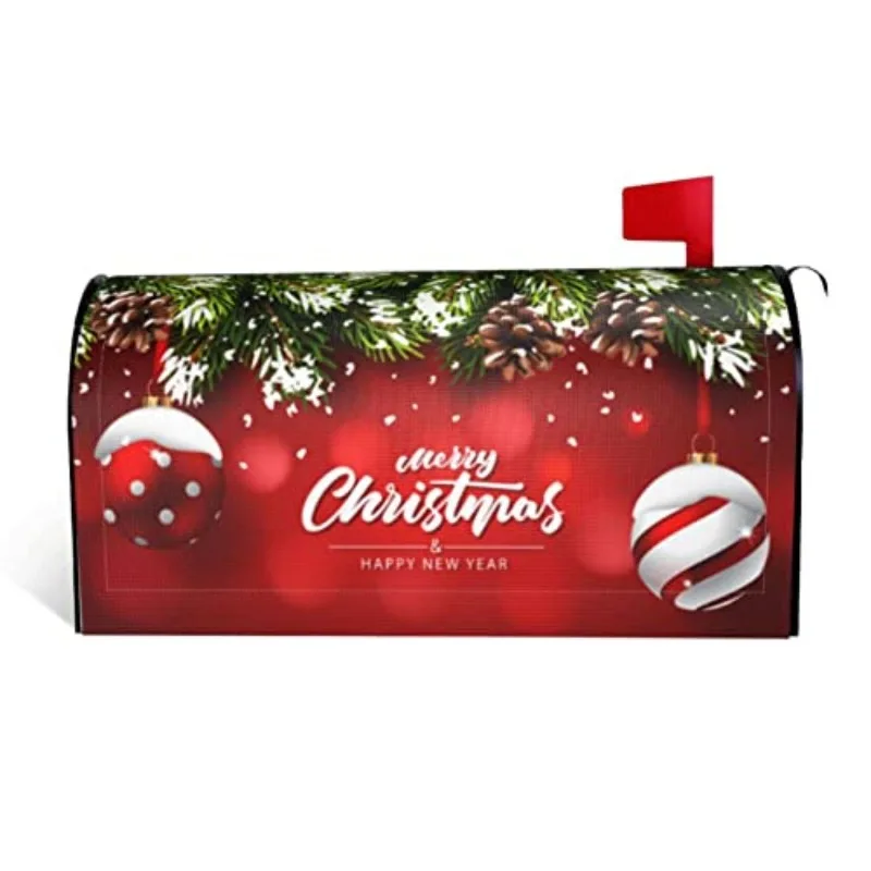 Christmas Mailbox Covers Ball Fir Branch Red Magnetic Letter Post Box Cover Standard Size 25.5 X 21 Inch Garden Yard Home New Year Holiday Decorative