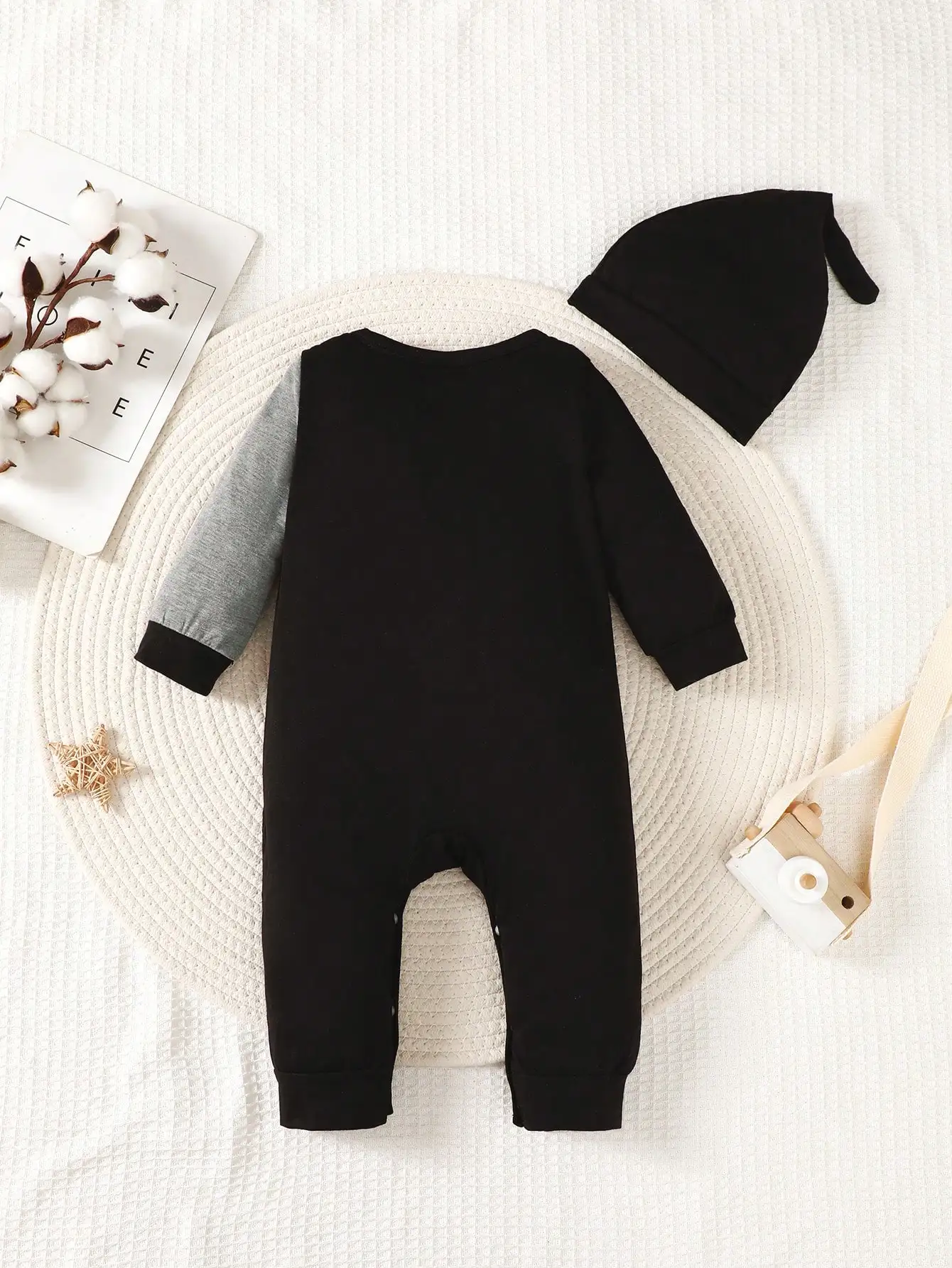 3-24M Baby Boy Soft And Comfortable I Am King Pattern Splicing Long Sleeve Jumpsuit Spring And Autumn