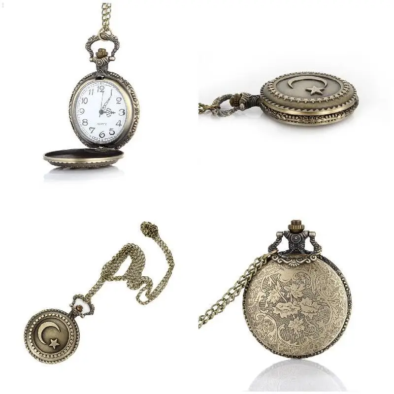 Antique Bronze Turkish Flag Design Moon and Star Theme Quartz Pocket Watch With Necklace Chain LL@17