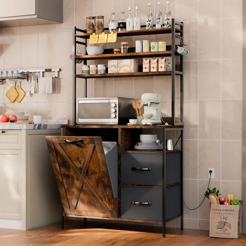 

Kitchen Bakers Rack with Tilt-Out Trash Cabinet, Tall Coffee Bar Station with Power Outlet, Microwave Stand with Drawers
