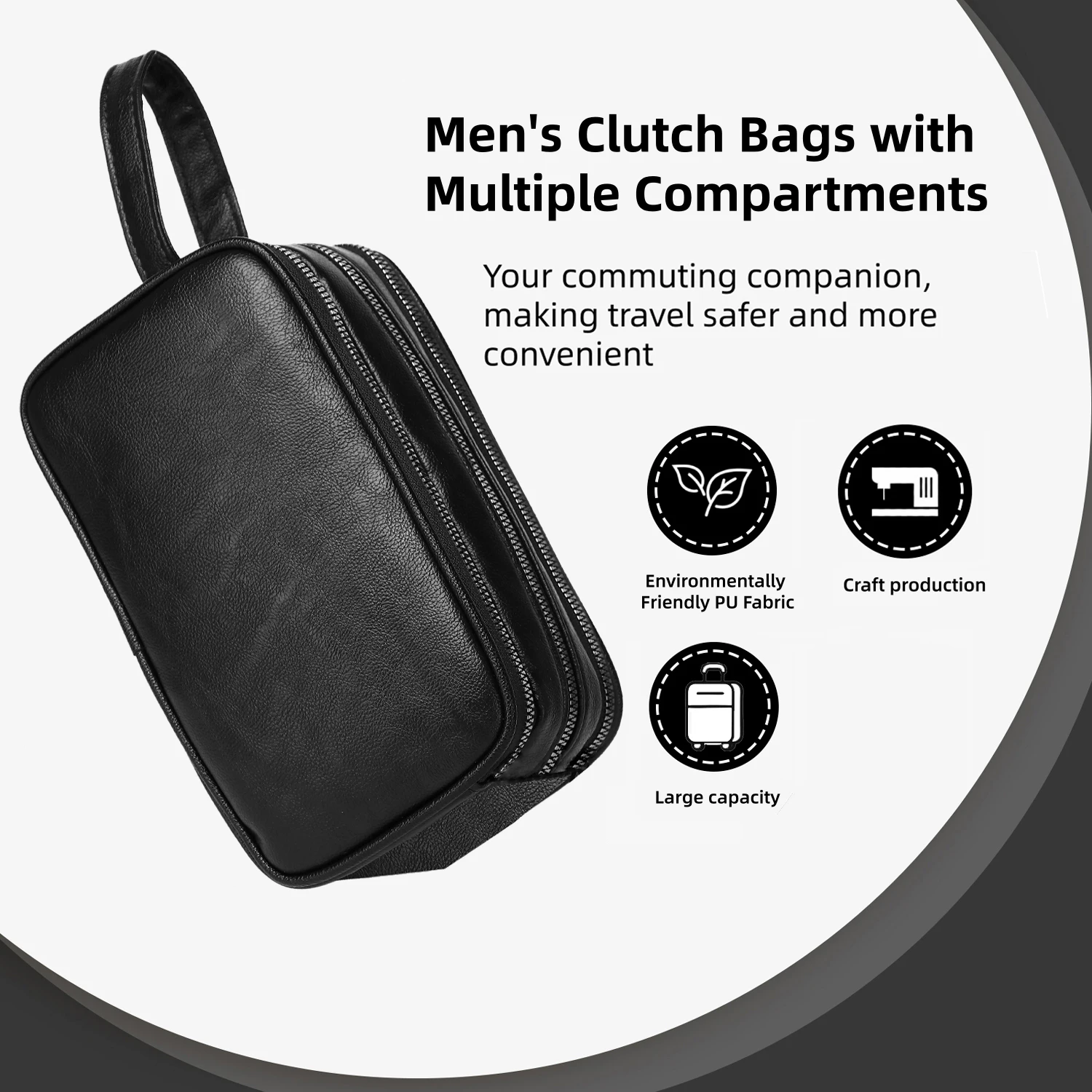Herren PU-Leder Clutch-Tasche mit Handschlaufe, Mehrfach-Fächer Reißverschluss-Handtasche, Große Kapazität Organizer-Tasche – Detail 4