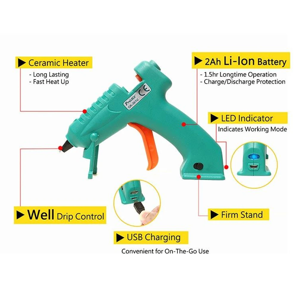 Pro'sKit-3.6V 2000mAh 8W USB 리튬 이온 핫 멜트 글루 건, 접착제 스틱 가정용 DIY 및 메이커