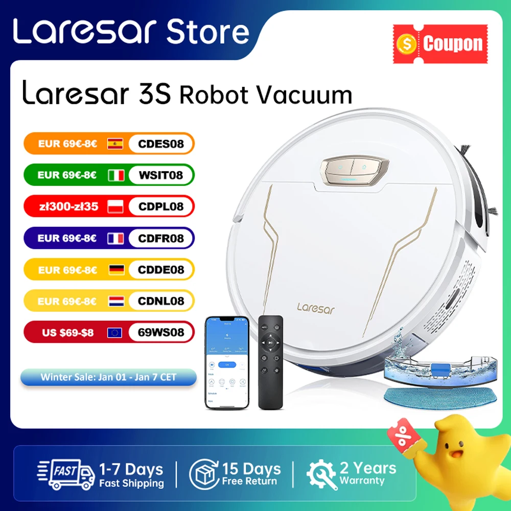 Laresar 3s Robot Vacuum Cleaner Mop 5000Pa Smart APP Control Intelligent Planned for Home Floor Washing Carpet Pet Hair Cleaning